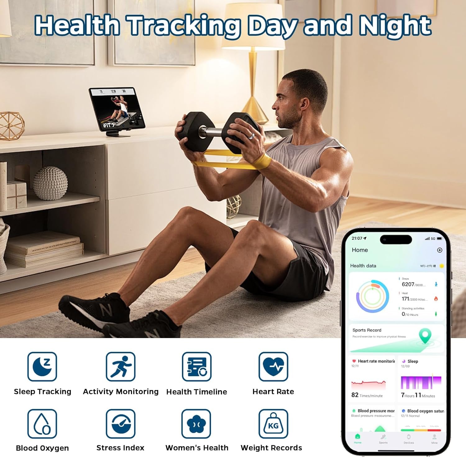 Smart Health Tracking Ring with Sleep Monitoring, Heart Rate Monitoring, Waterproof Design, Activity Tracking (Steps, Distance, Calories), Air Gesture Control, Up to 7-Day Battery Life, Compatible with iOS and Android (Black, Size #10)