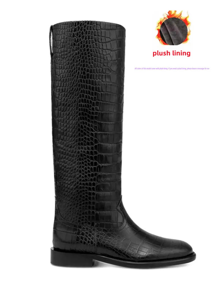 2025 Autumn/Winter New Casual Flat Bottomed Round Head Women's Knee Length Boots Fashion Women's Mid Length Boots
