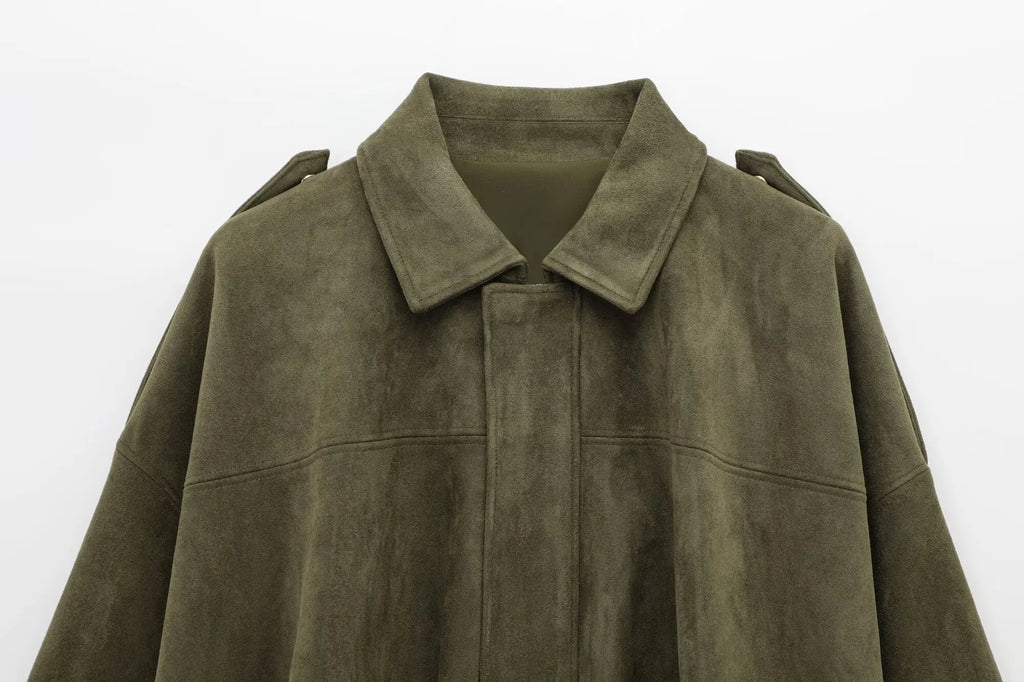 TRAFZA Women Brown Green Suede Jacket Loose Casual Bomber Coat Lapel Zipper Long Sleeve Jackets Vintage Lady Motorcycle Outwears