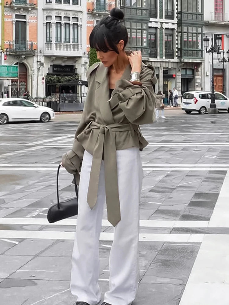Elegant Belt Cropped Trench Coat Women Lapel neck Full Sleeve Lace Up Windbreaker Jacket Autumn 2025 Lady Daily Street Outwears
