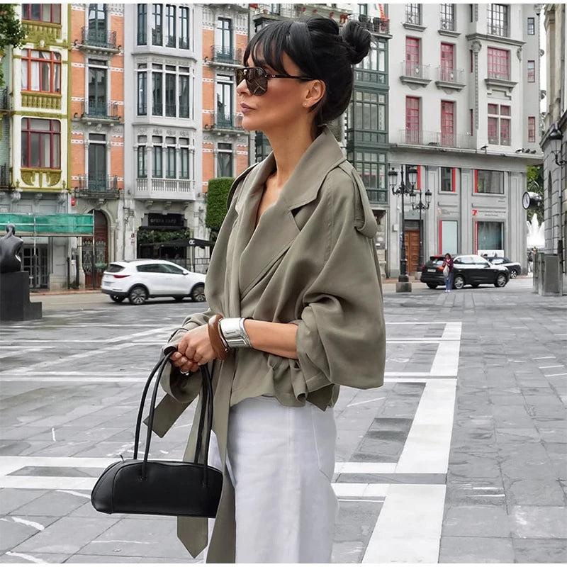 Elegant Belt Cropped Trench Coat Women Lapel neck Full Sleeve Lace Up Windbreaker Jacket Autumn 2025 Lady Daily Street Outwears