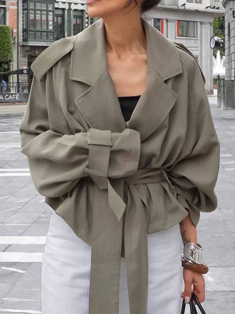 Elegant Belt Cropped Trench Coat Women Lapel neck Full Sleeve Lace Up Windbreaker Jacket Autumn 2025 Lady Daily Street Outwears