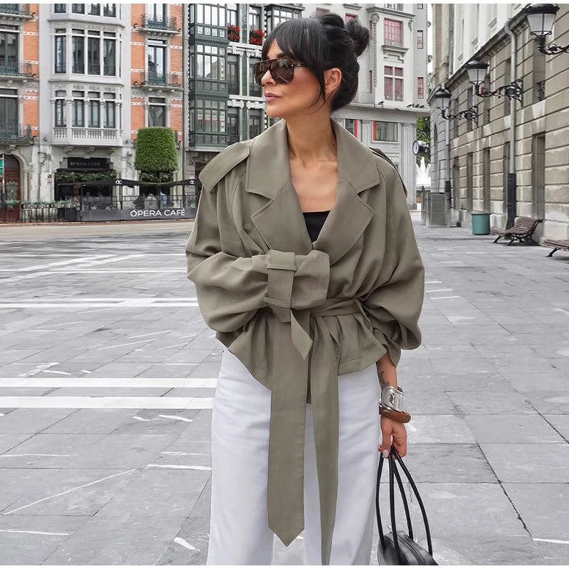 Elegant Belt Cropped Trench Coat Women Lapel neck Full Sleeve Lace Up Windbreaker Jacket Autumn 2025 Lady Daily Street Outwears