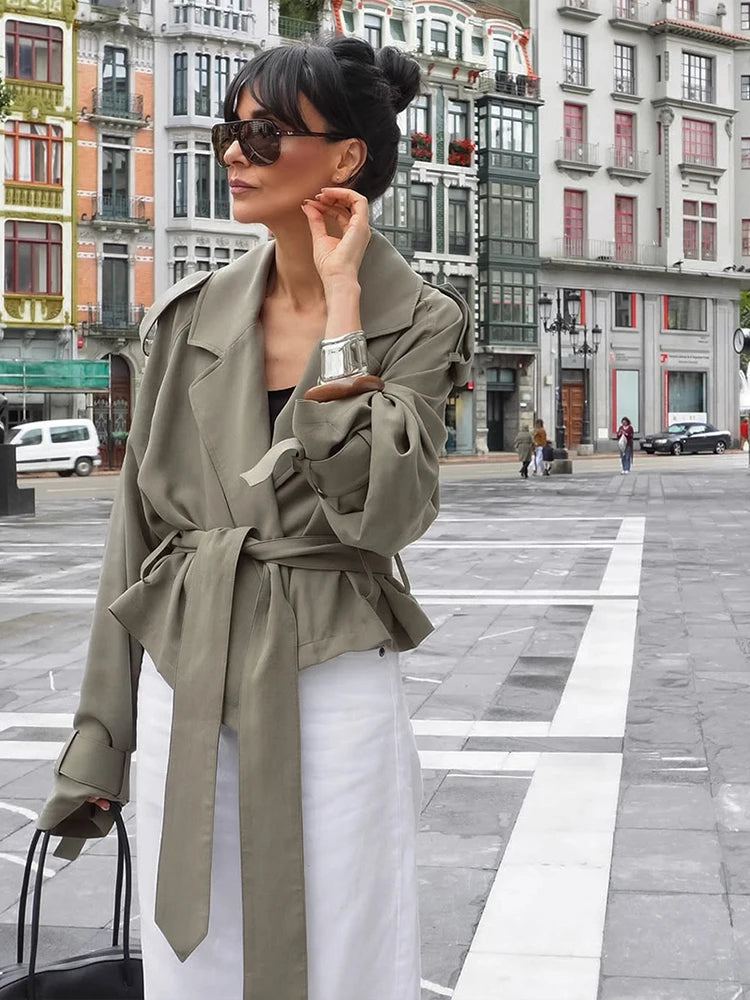 Elegant Belt Cropped Trench Coat Women Lapel neck Full Sleeve Lace Up Windbreaker Jacket Autumn 2025 Lady Daily Street Outwears