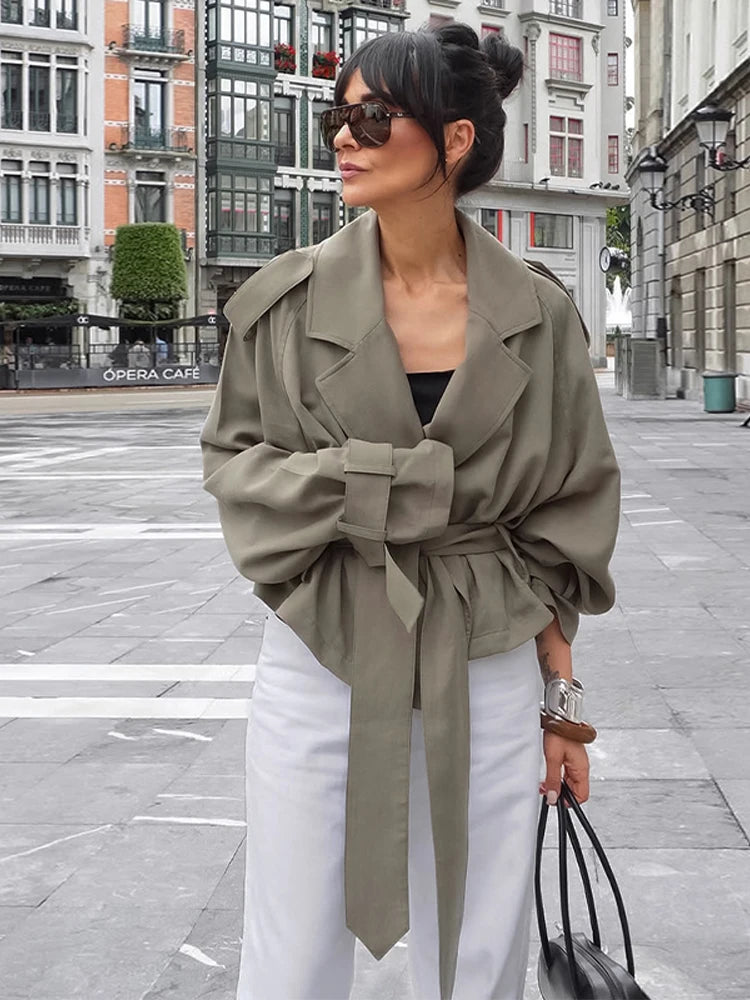 Elegant Belt Cropped Trench Coat Women Lapel neck Full Sleeve Lace Up Windbreaker Jacket Autumn 2025 Lady Daily Street Outwears