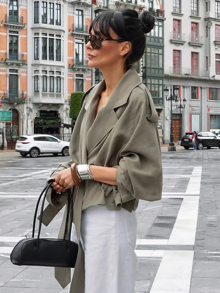 Elegant Belt Cropped Trench Coat Women Lapel neck Full Sleeve Lace Up Windbreaker Jacket Autumn 2025 Lady Daily Street Outwears