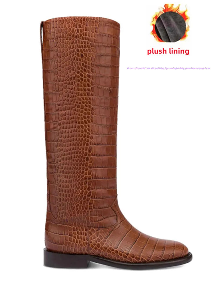 2025 Autumn/Winter New Casual Flat Bottomed Round Head Women's Knee Length Boots Fashion Women's Mid Length Boots