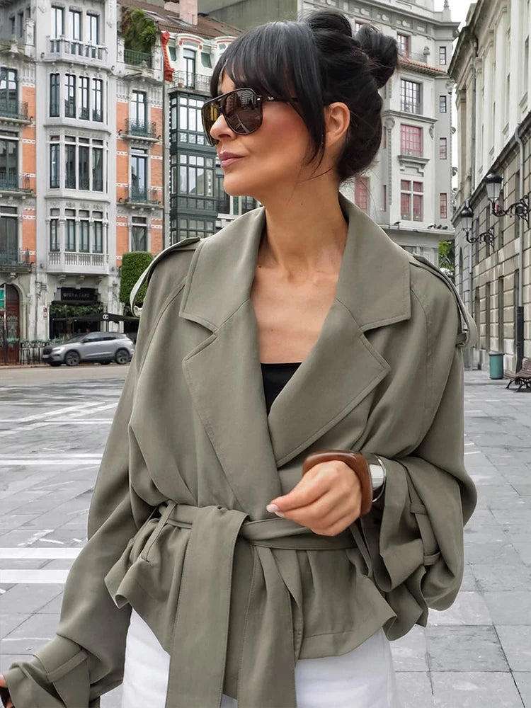 Elegant Belt Cropped Trench Coat Women Lapel neck Full Sleeve Lace Up Windbreaker Jacket Autumn 2025 Lady Daily Street Outwears