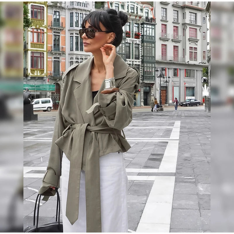 Elegant Belt Cropped Trench Coat Women Lapel neck Full Sleeve Lace Up Windbreaker Jacket Autumn 2025 Lady Daily Street Outwears