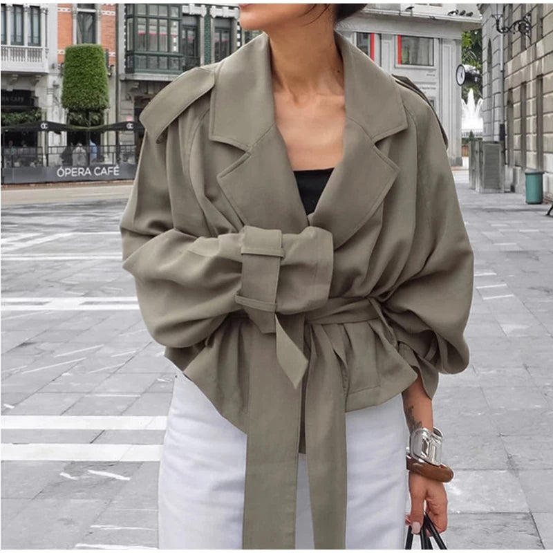 Elegant Belt Cropped Trench Coat Women Lapel neck Full Sleeve Lace Up Windbreaker Jacket Autumn 2025 Lady Daily Street Outwears