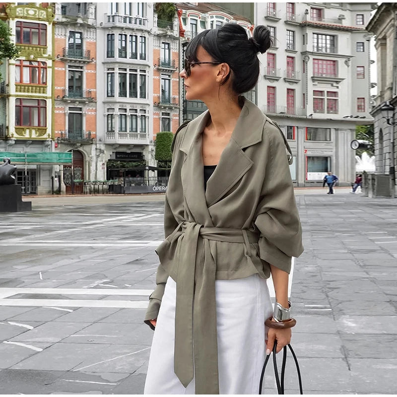 Elegant Belt Cropped Trench Coat Women Lapel neck Full Sleeve Lace Up Windbreaker Jacket Autumn 2025 Lady Daily Street Outwears