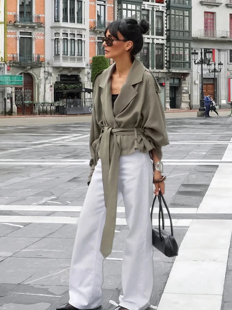 Elegant Belt Cropped Trench Coat Women Lapel neck Full Sleeve Lace Up Windbreaker Jacket Autumn 2025 Lady Daily Street Outwears