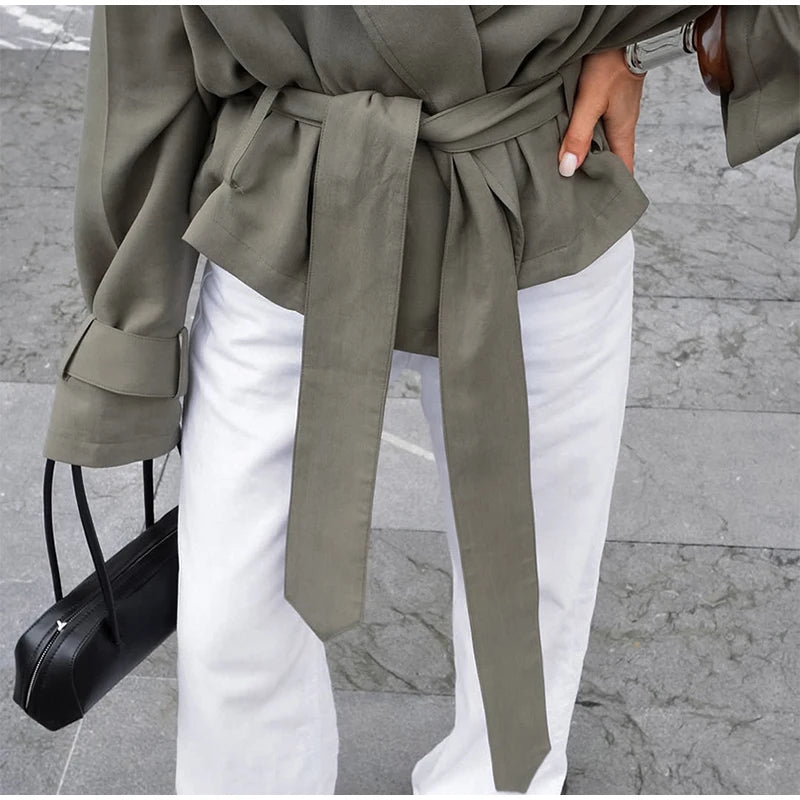 Elegant Belt Cropped Trench Coat Women Lapel neck Full Sleeve Lace Up Windbreaker Jacket Autumn 2025 Lady Daily Street Outwears
