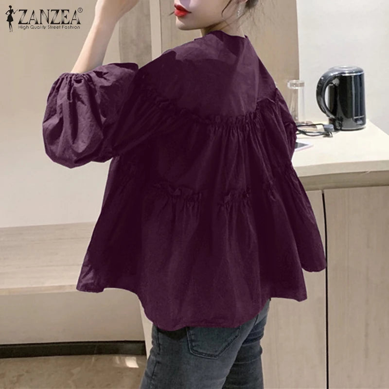ZANZEA Fashion Women Long Puff Sleeve Blouse Autumn Spring Eelgant Shirt Ruffles Blusas Femininas Mujer Party Work Tops Tunic