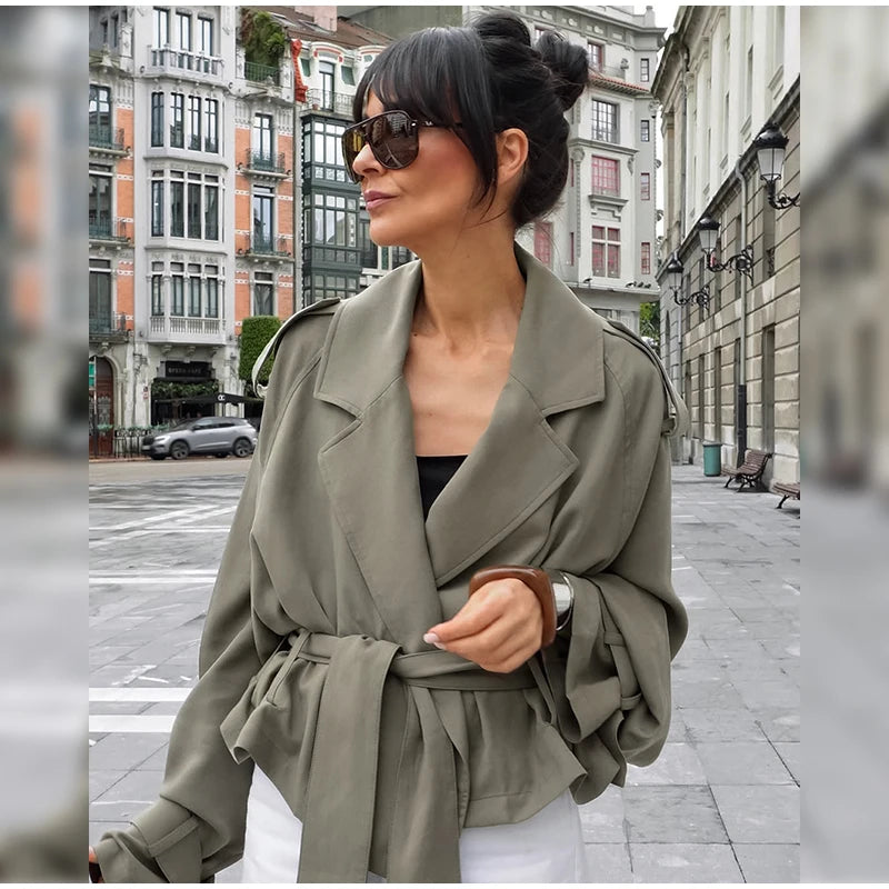 Elegant Belt Cropped Trench Coat Women Lapel neck Full Sleeve Lace Up Windbreaker Jacket Autumn 2025 Lady Daily Street Outwears