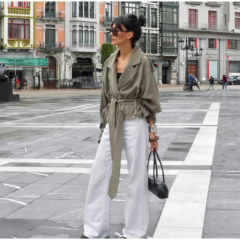 Elegant Belt Cropped Trench Coat Women Lapel neck Full Sleeve Lace Up Windbreaker Jacket Autumn 2025 Lady Daily Street Outwears