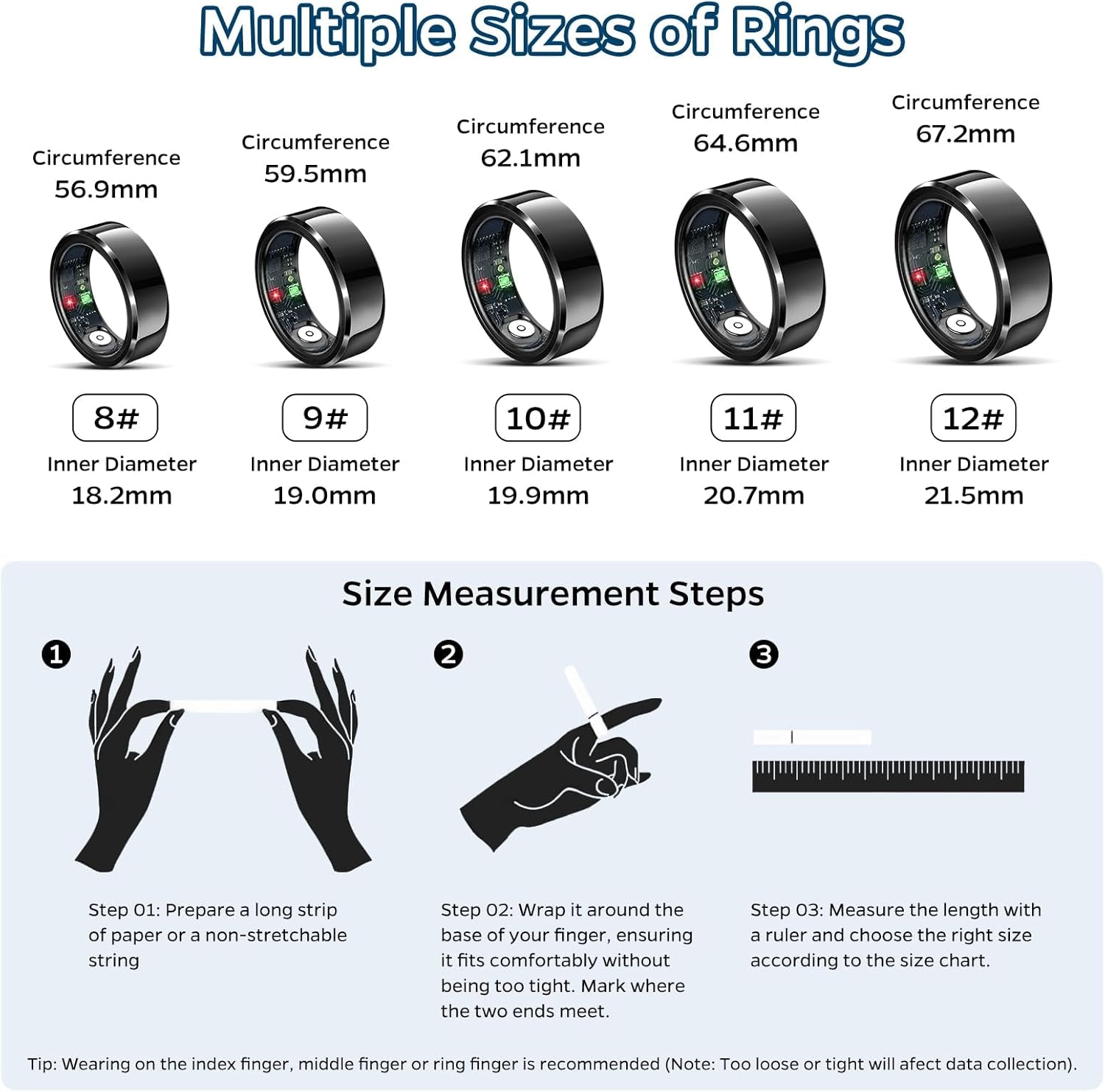 Smart Health Tracking Ring with Sleep Monitoring, Heart Rate Monitoring, Waterproof Design, Activity Tracking (Steps, Distance, Calories), Air Gesture Control, Up to 7-Day Battery Life, Compatible with iOS and Android (Black, Size #10)